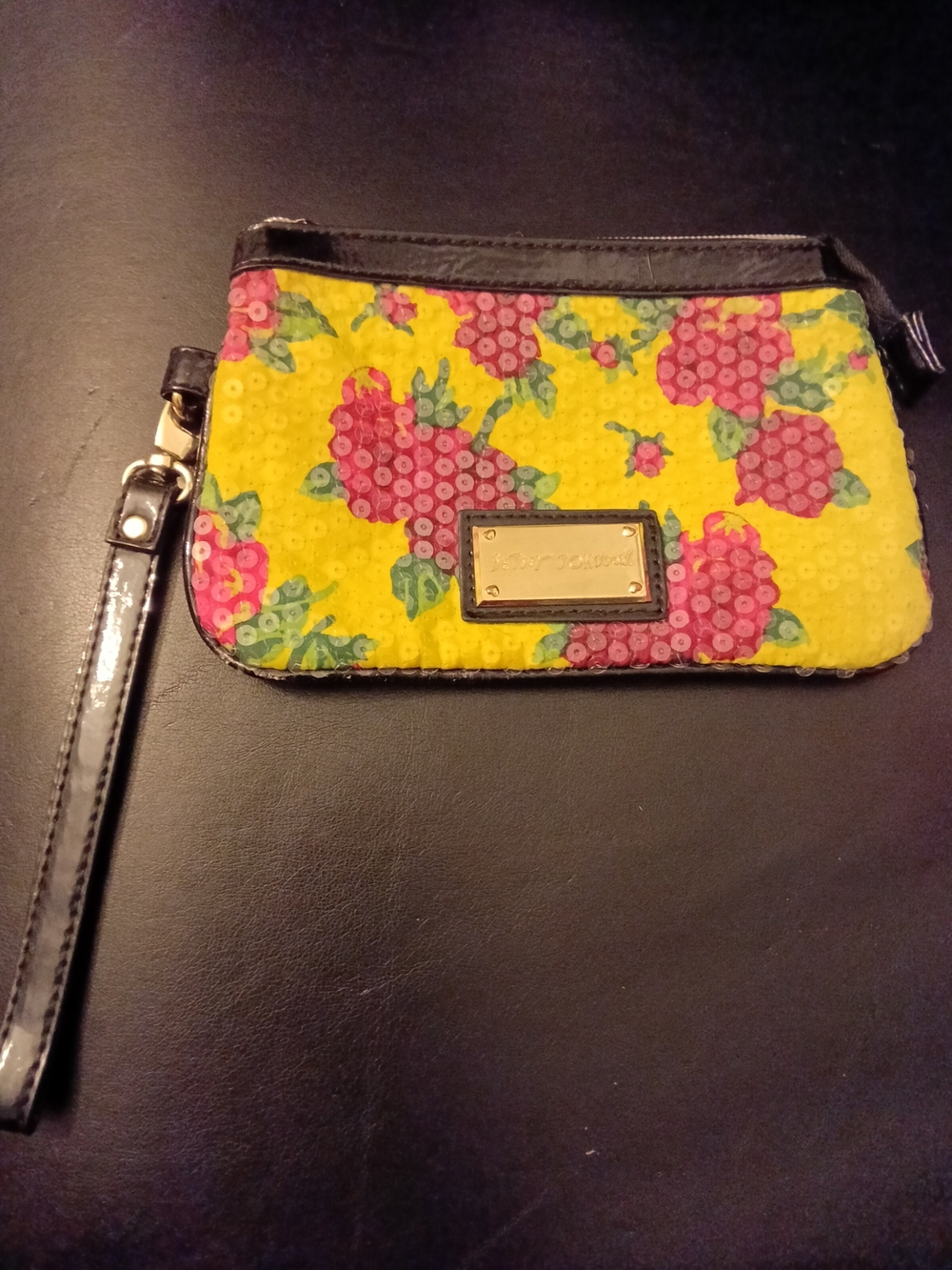 Betsey Johnson Sequin Yellow Floral Wristlet Clutch with Black Trim NWOT